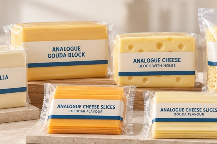Labelled retail packs of analogue cheese blocks, slices and grated cheese