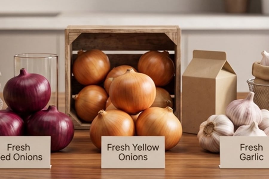 Potatoes, red and yellow onions, garlic and sweet potatoes in export packaging
